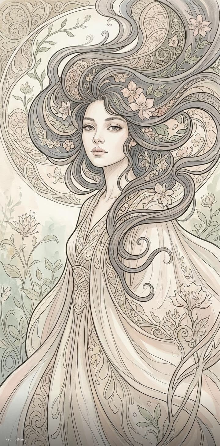 AI generated: Create a beautiful, intricate drawing of a woman in a nature-inspired, art nouveau style. The figure...