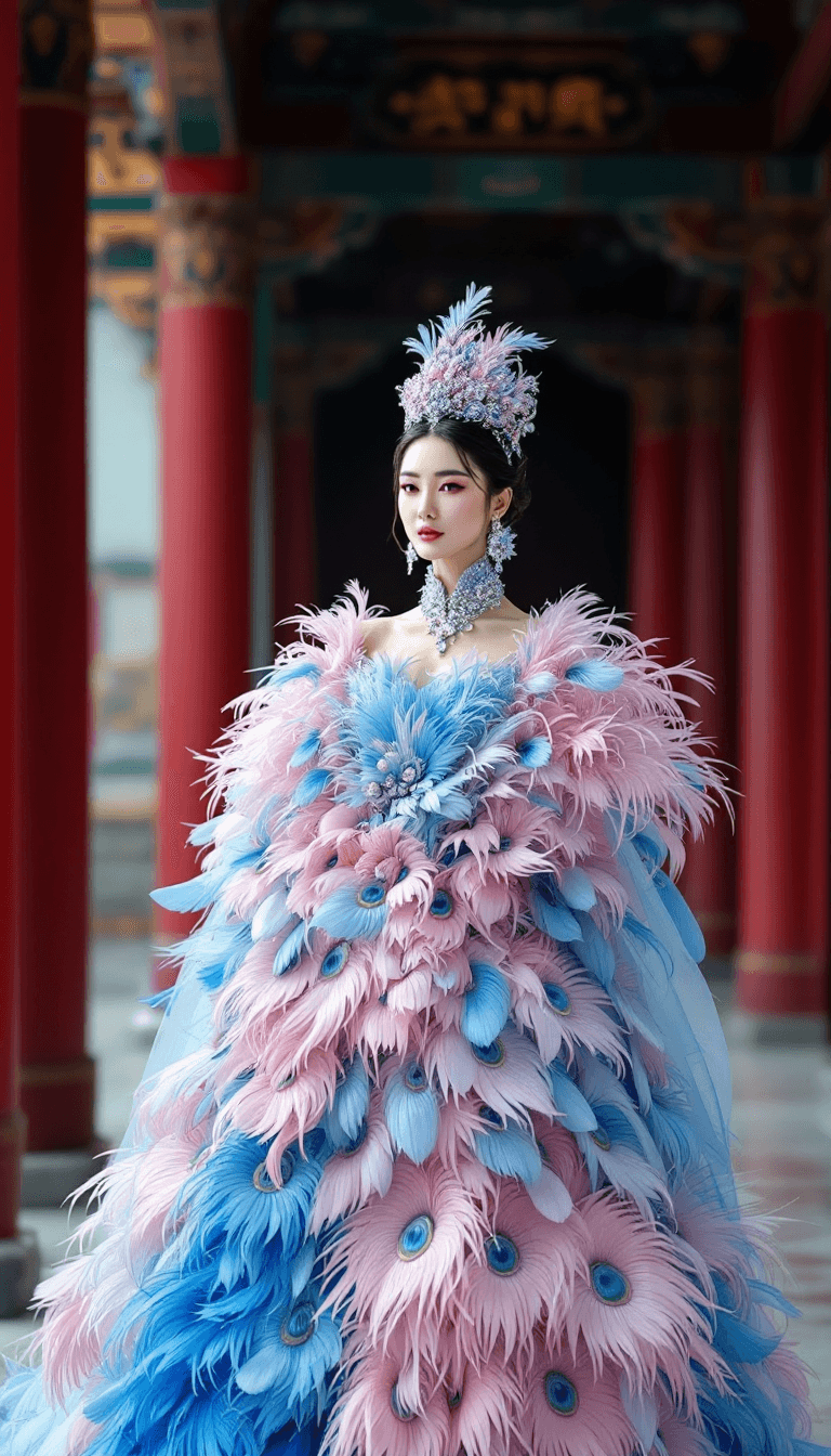 AI generated: photo of an korean queen wearing a peacock feathery haute couture feather dress, soft pink and blue ...