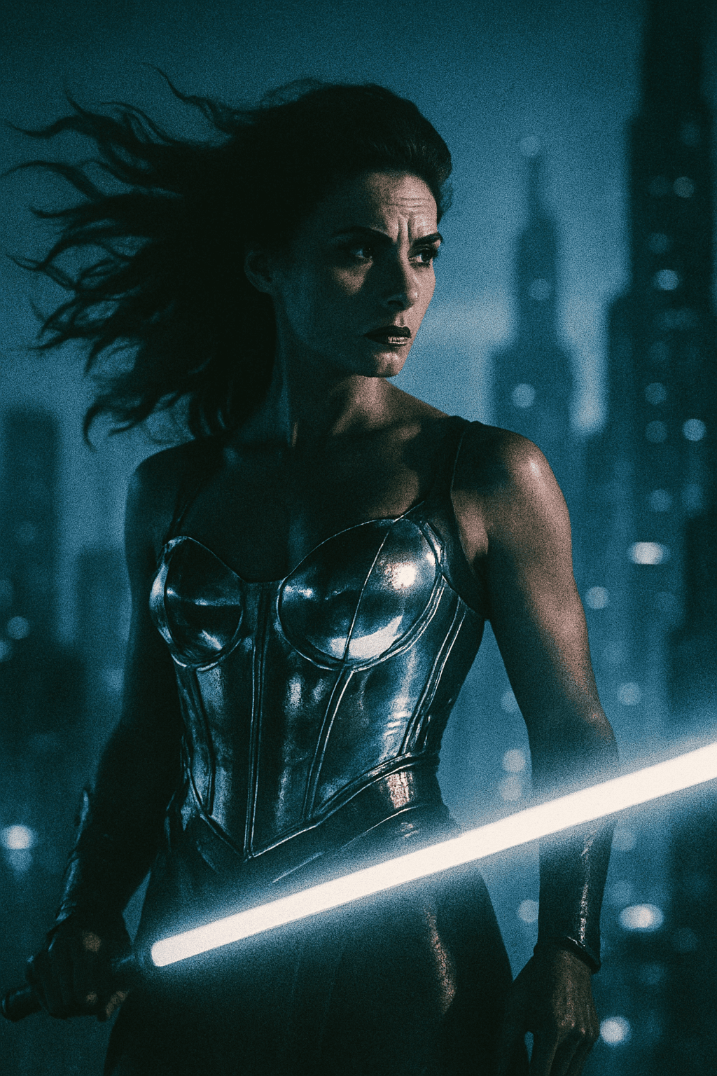 AI generated: Warrior woman in a chrome-plated corset, her hair whipping in the wind as neon sword glows. The came...