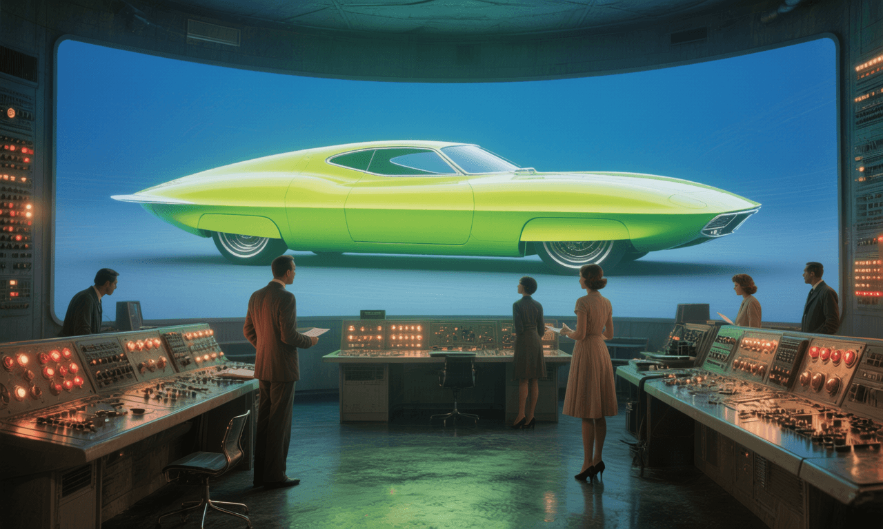 AI generated: Retro-futuristic 1960s concept car design studio, large curved projection screen displaying a glowin...