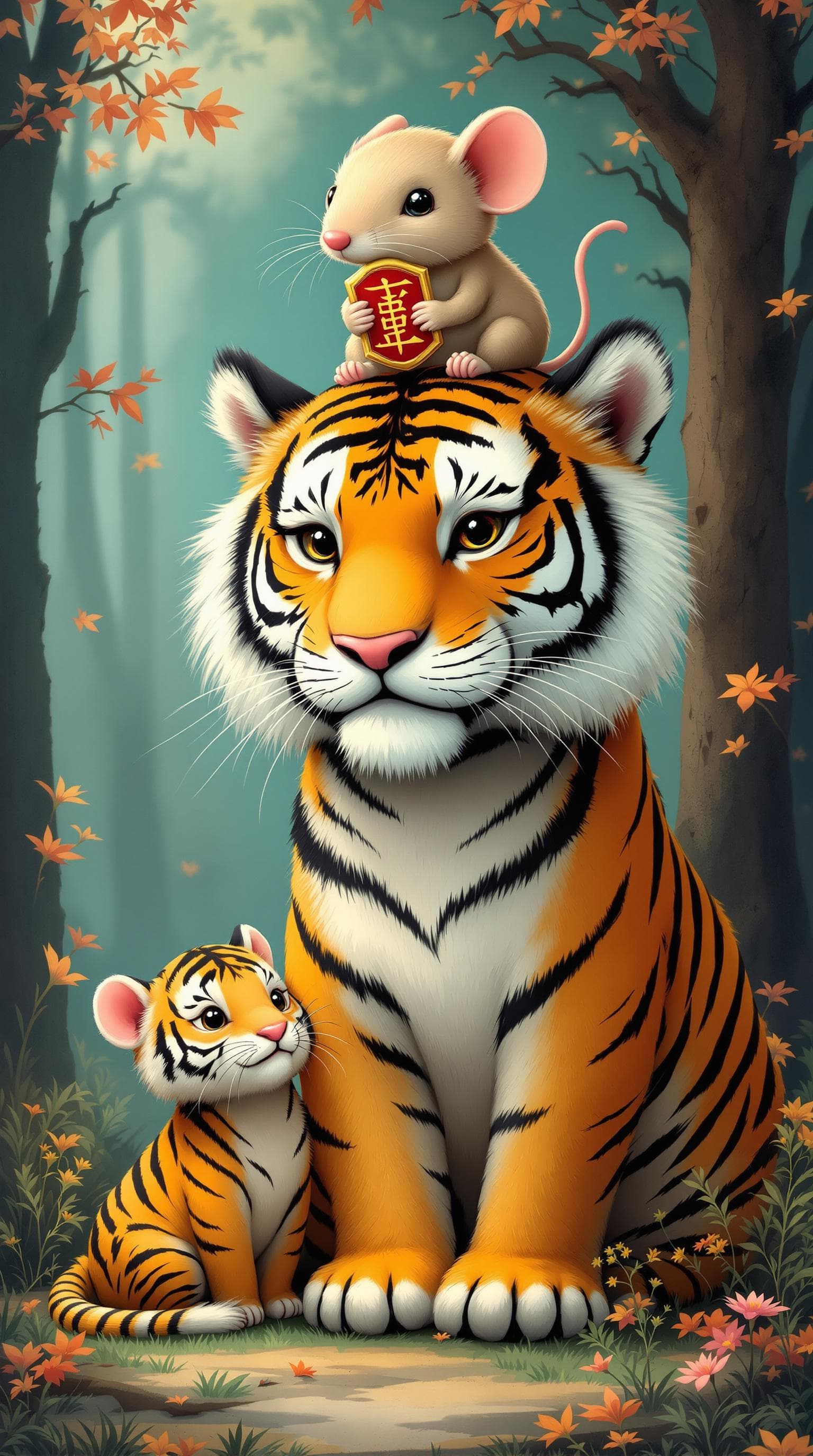 AI generated: kawaii art,a tiger and two tiger cubs, and a oversized mouse ,with a mouse on the tiger's head, the ...