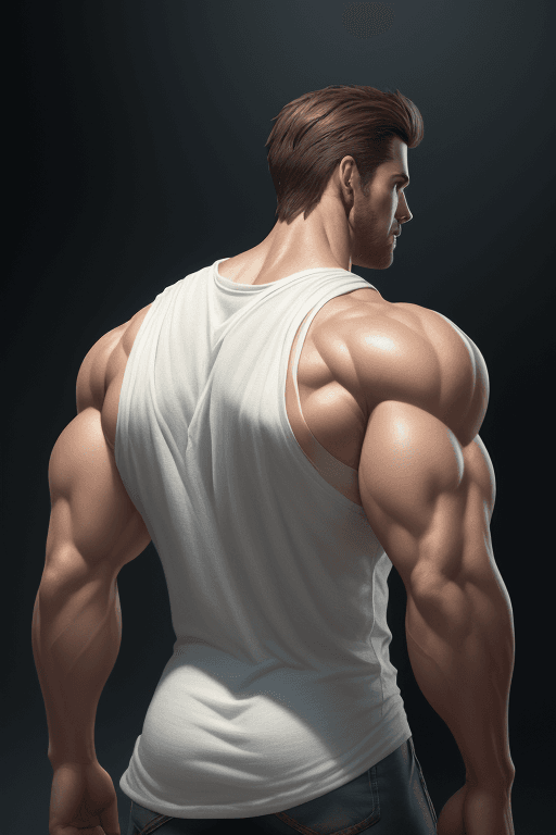 AI generated: Handsome muscular man in white sleeveless t-shirt standing from behind, highly detailed cinematic li...