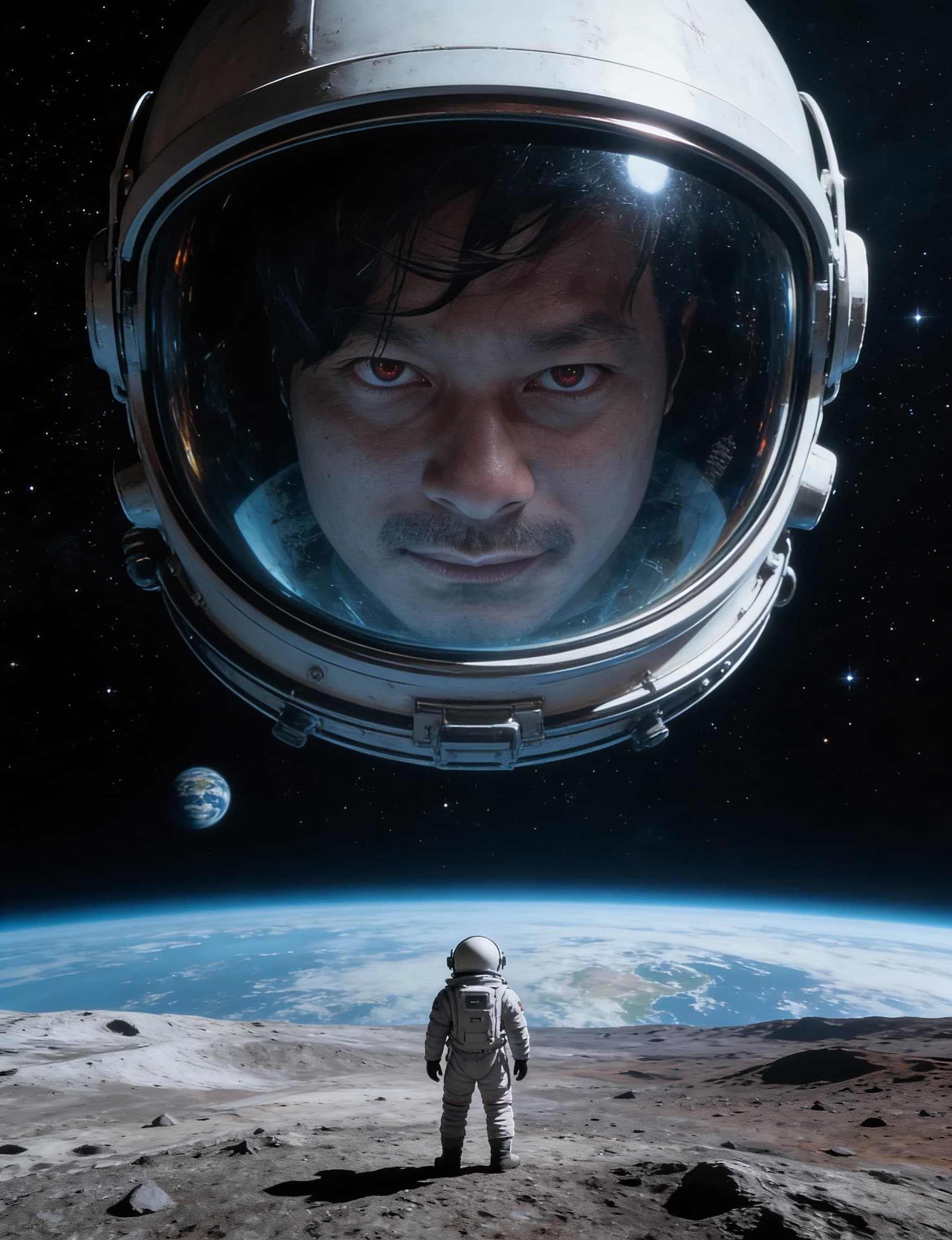 AI generated: "A surreal, cinematic sci-fi shot of a small astronaut standing on the surface of a desolate planet,...