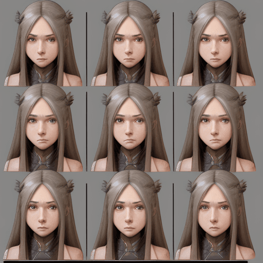 AI generated: Character sheet，Girl with long hair，Multiple poss and expressions，Highly detailed，Depth，Many parts -...