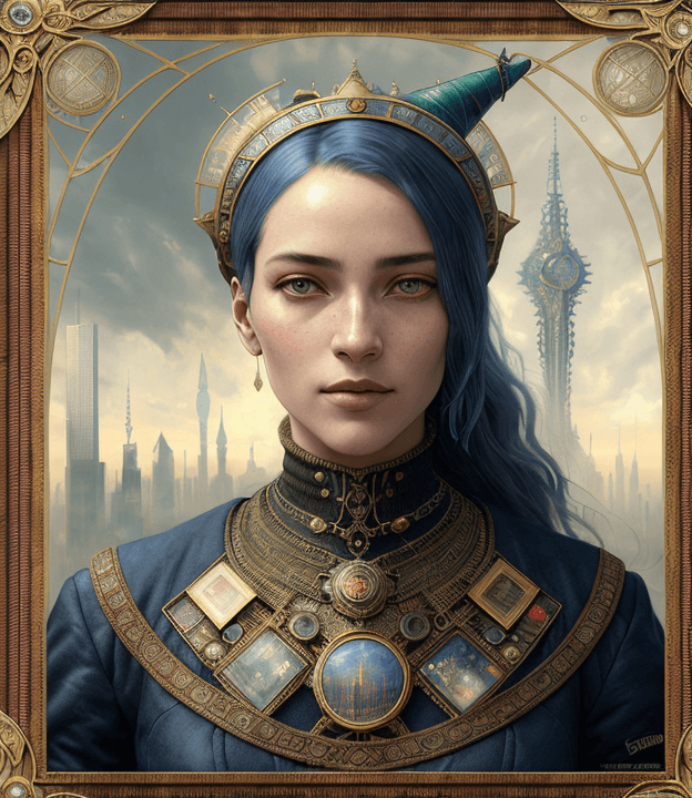 AI generated: tarot card with intricate detailed frame around the outside, portrait of cyberpunk head with jester ...