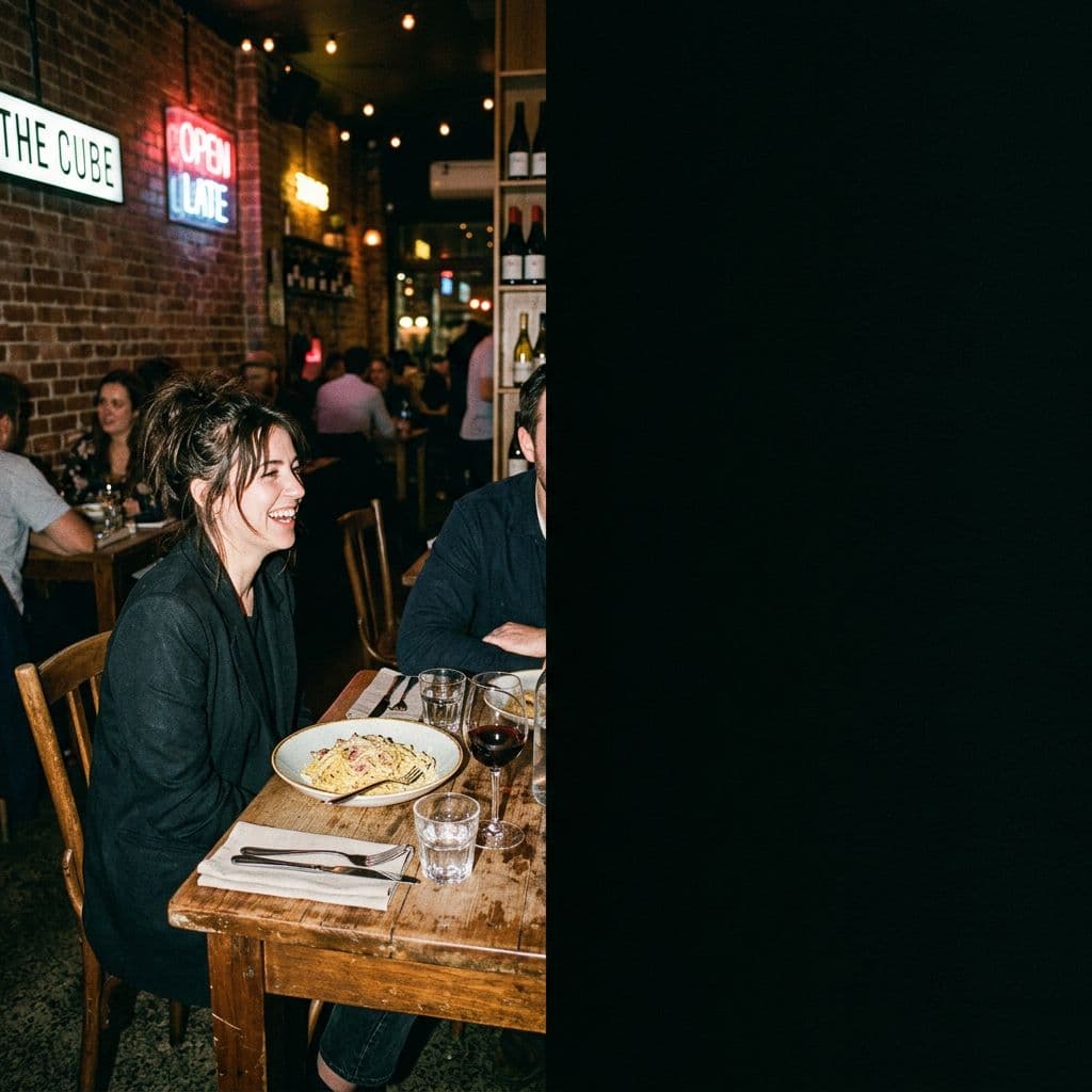 AI generated: restaurant interior with tables and chairs, photographed with harsh direct flash, urban nightlife re...