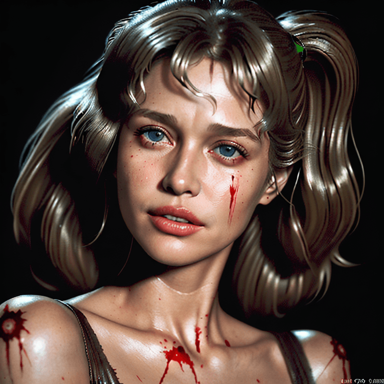 AI generated: portrait of beautiful LAUREN HUTTON in silent hill, log retro hairstyle, blood splatter, sharp focus...