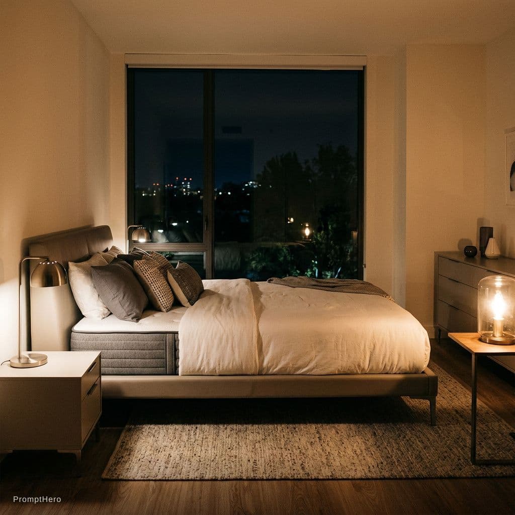 AI generated: place this matress on a bed in a bedroom moderne with a back xindox and furniture in a nghit
