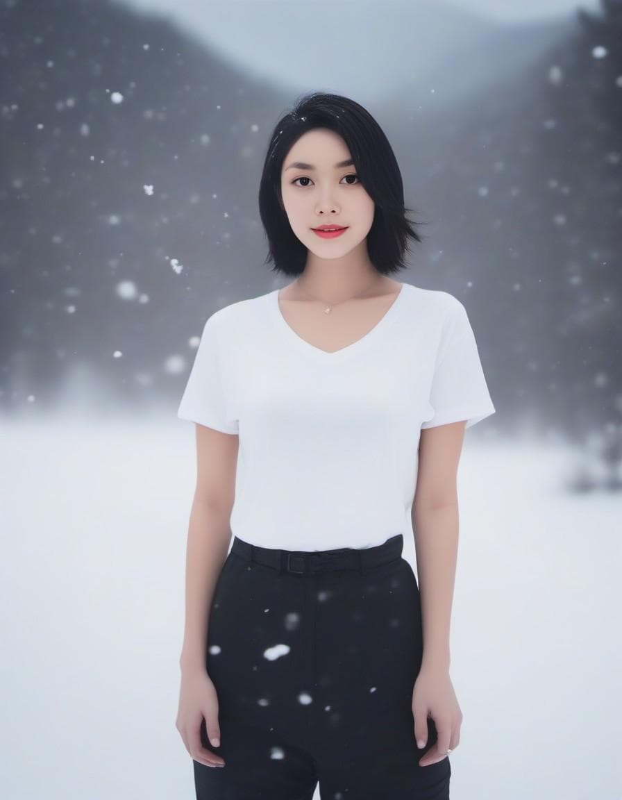 AI generated: Asian woman standing in the snow in a white t shirt, in the style of celebrity image mashups, xiaofe...