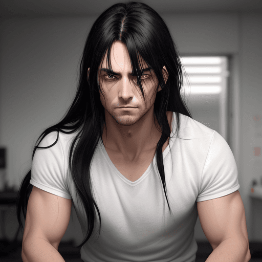 AI generated: 1boy, black_eyes, red_eyes, black_hair, long_hair, messy_hair, bangs, hair_between_eyes, stubble, ey...
