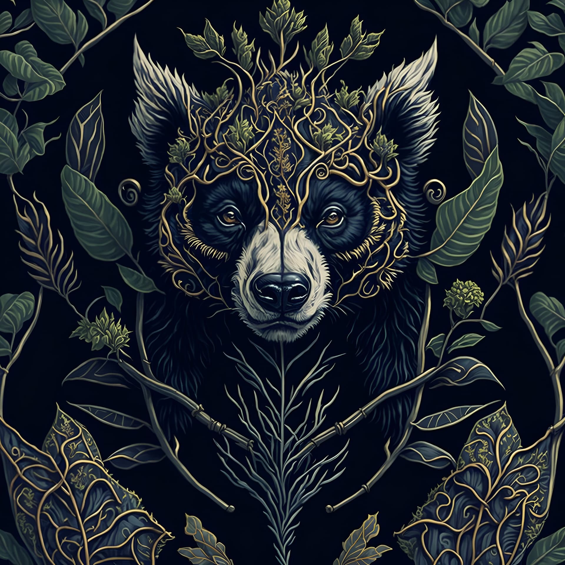 AI generated: A vibrant botanical steampunk illustration realistic panda face, symmetrical, style of William Morri...
