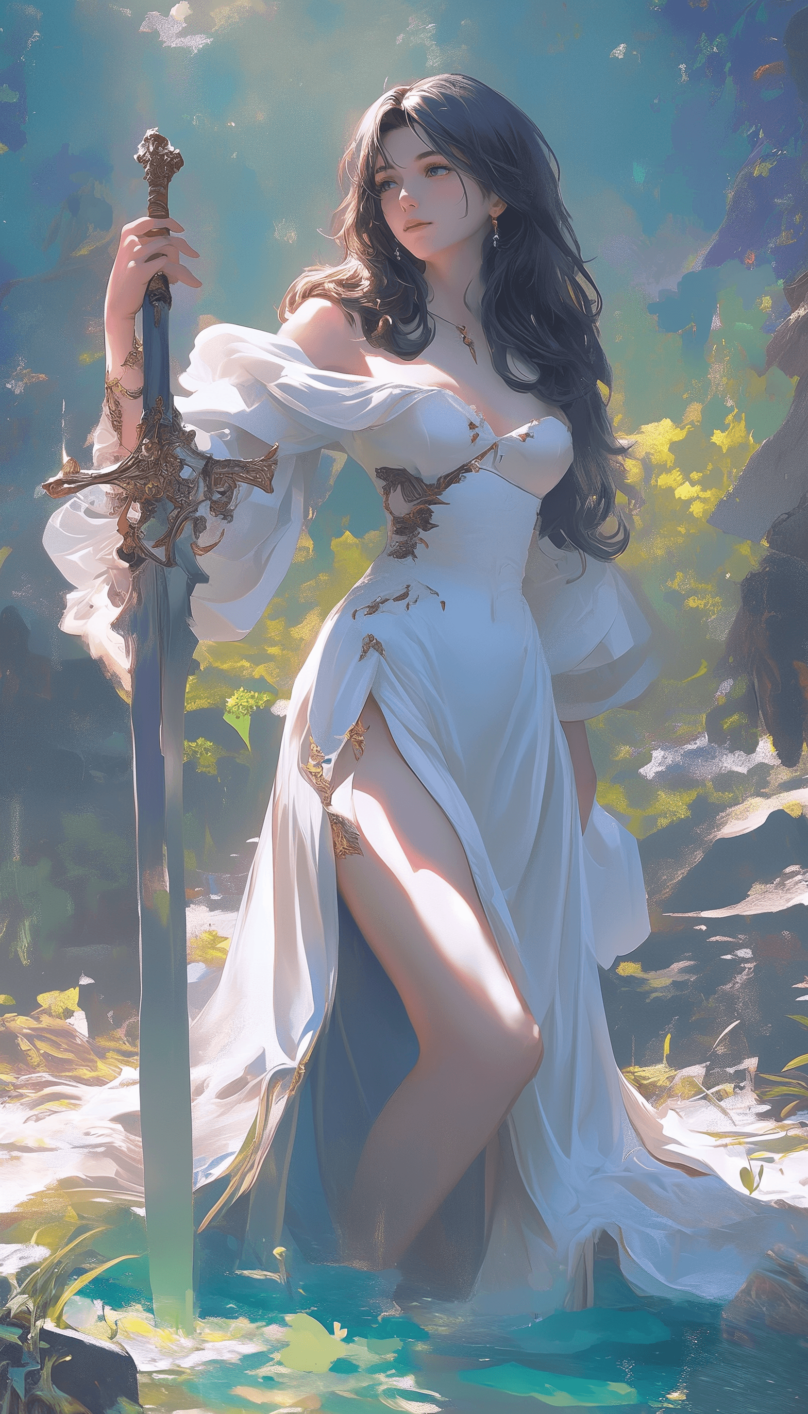 AI generated: A beautiful princess in a white dress, holding a sword on the lakeside, in the style of fantasy art,...