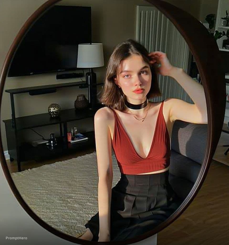AI generated: Une photo, d'une femme de 18 ans avec des formes  ,, a picture,    , , dans son salon , la photo est...
