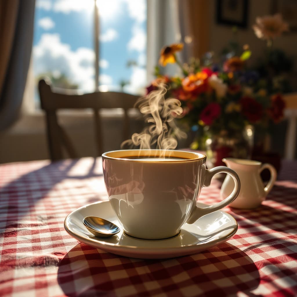 AI generated: A cup of coffee with steam rising from it on a table with a gingham plaid tablecloth there is a smal...