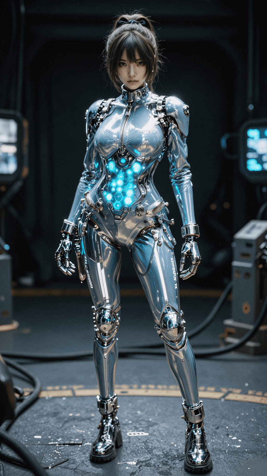 AI generated: This is a sleek and high-tech, full-body character portrait of a futuristic
female warrior, likely a...