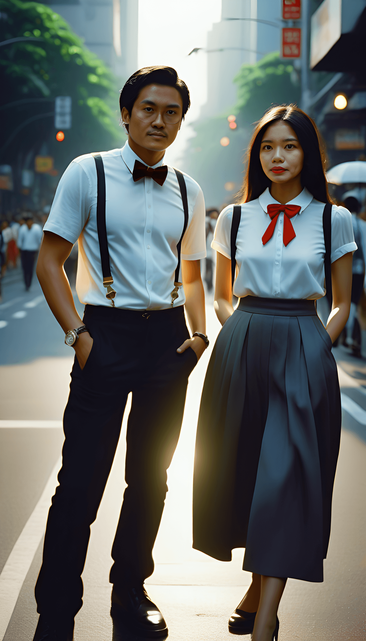 AI generated: potrait a couple, masterpiece, concept art, medium shot,wearing 1990 era outfits, cozy, atmospheric,...