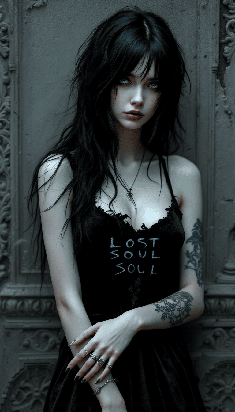 AI generated: A hyper-realistic portrait of a female goth character with pale porcelain skin and long, raven-black...