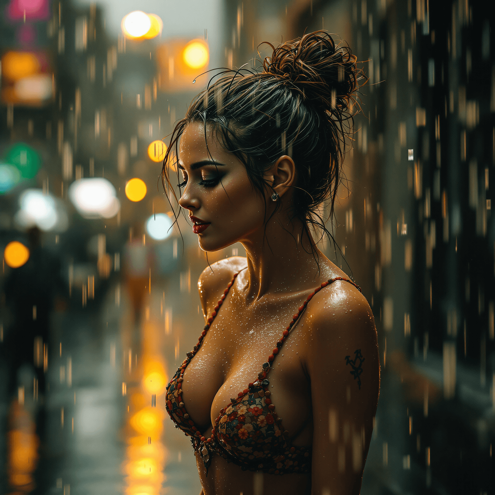 AI generated: A beautiful lady dancing in heavy rain, face and body are wet, messy bun hair 32k UHD, highly detail...