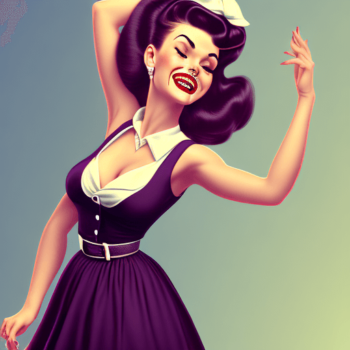 AI generated: chest focus, (dynamic angle), (1female pinup), profile, clothing:(50s style rockabilly dress), smili...