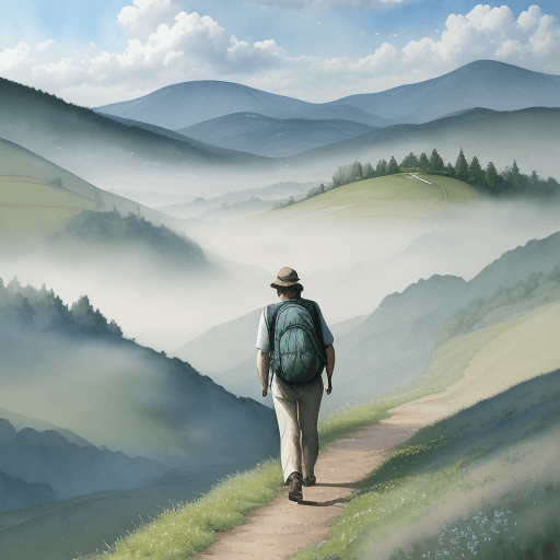 AI generated: A realistic watercolor painting portrays a man hiking through rolling hills bathed in the soft light...
