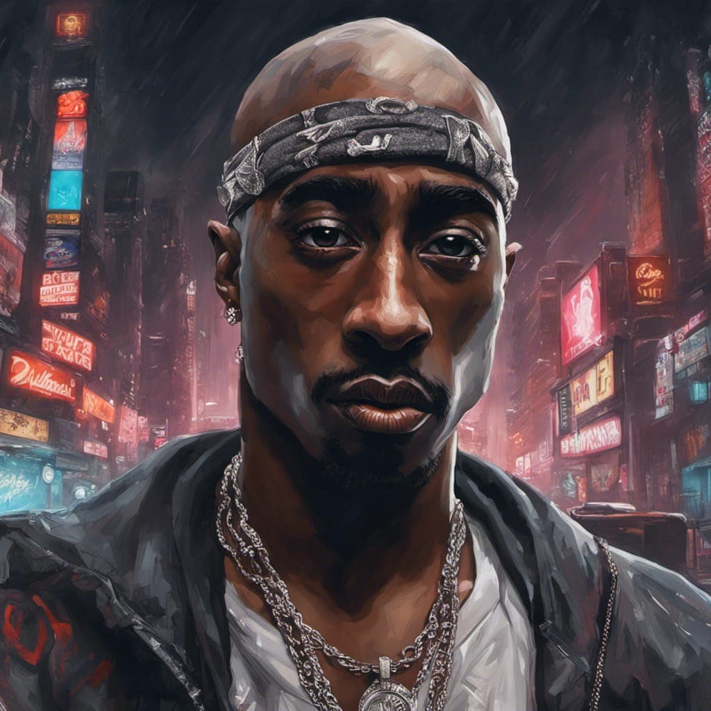 AI generated: American Rapper Tupac Shakur but its cyberpunk, hyperdetailed eyes, hyperrealism extremely detailed ...