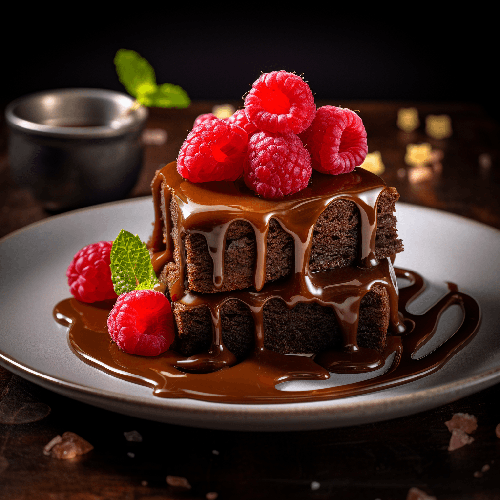 AI generated: Chocolate brownie with caramel sauce, raspberries on top, photography, cinematic shot, professional ...