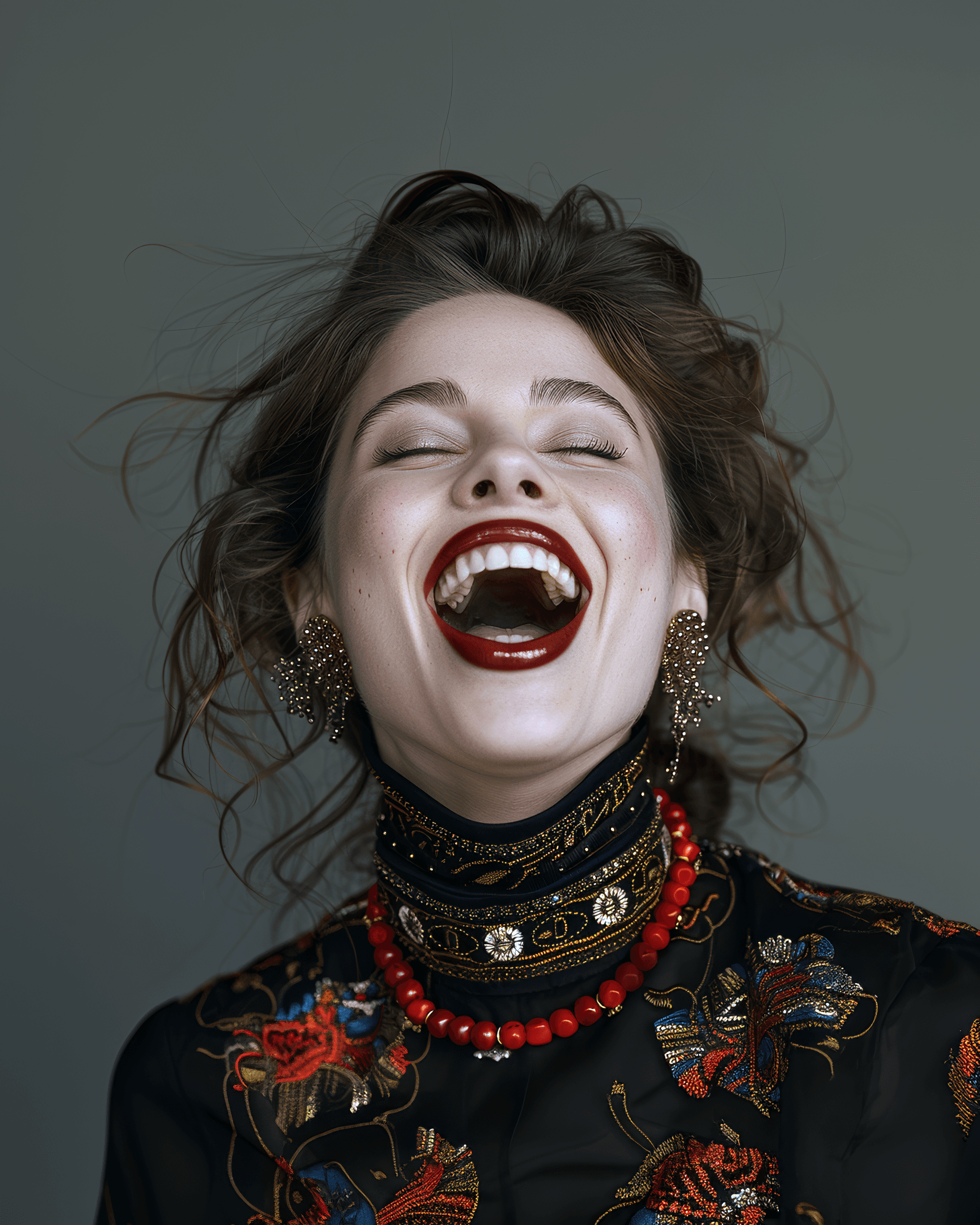 AI generated: A photo of an elegant woman with brown hair, laughing and wearing modern jewelry in the colors black...