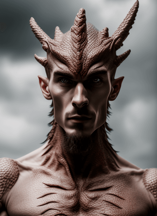 AI generated: RAW photo, a dragon guy European appearance, full height, (high detailed skin:1.2), 8k uhd, dslr, so...