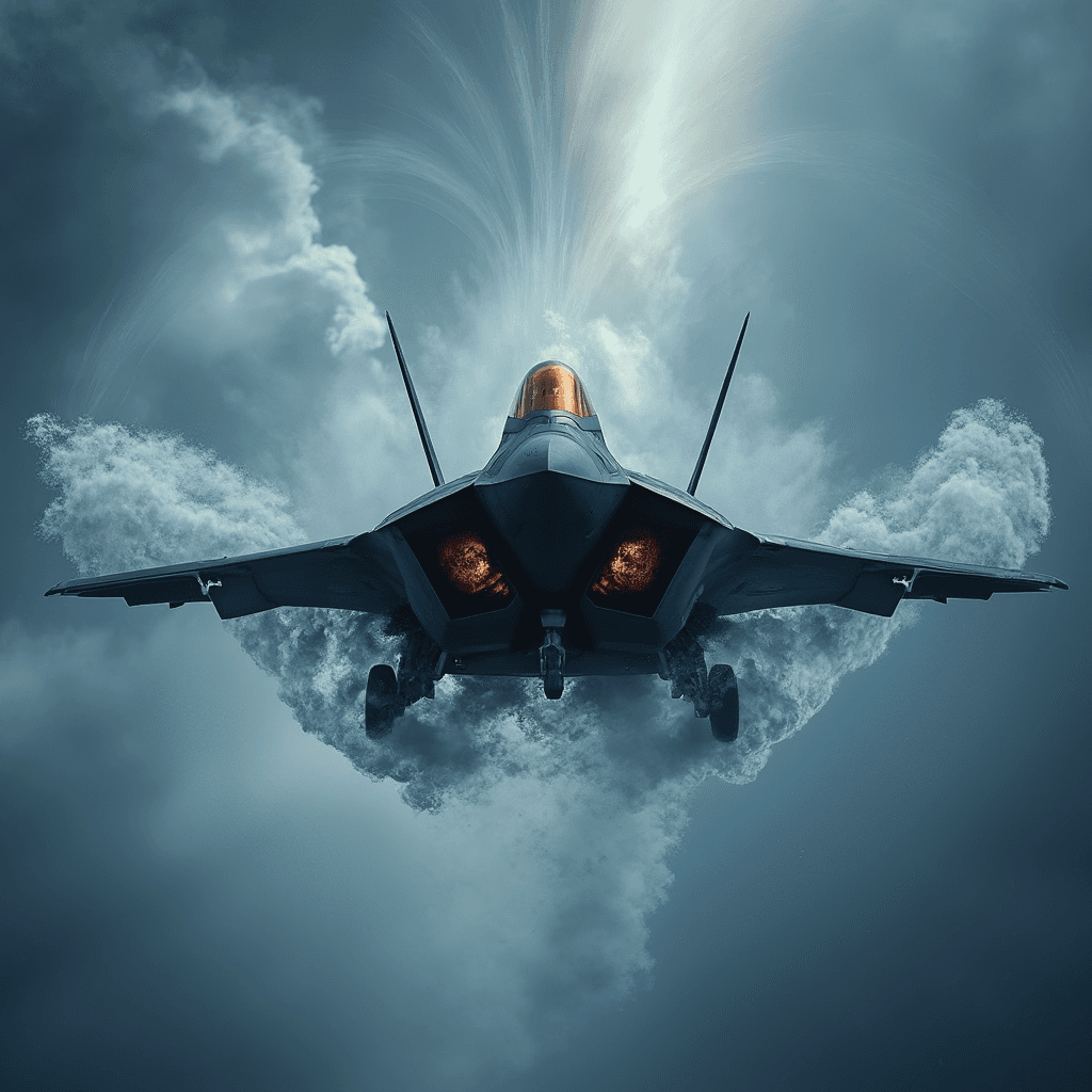 AI generated: An F-22 Raptor in a high angle-of-attack maneuver, captured in a powerful close-up. Vapor swirls den...