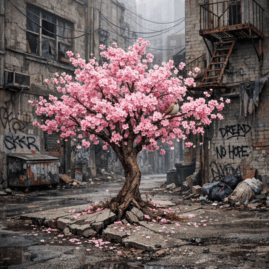 AI generated: Create an image that juxtaposes the delicate beauty of nature with the harsh reality of urban decay....