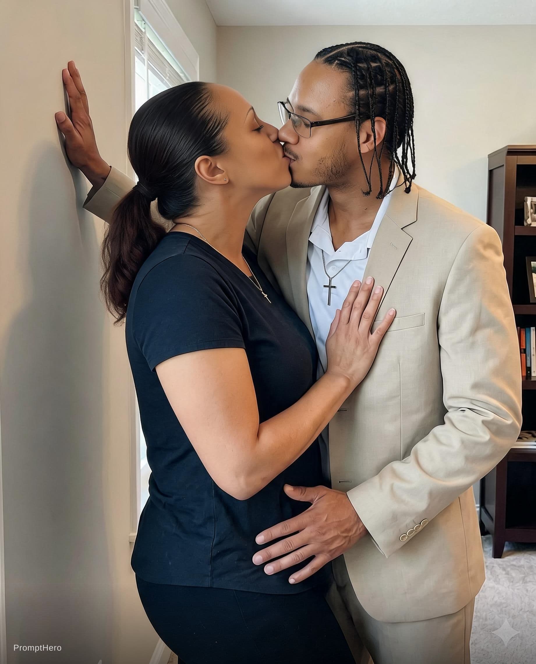 AI generated: The man and woman are kissing. Do not change facial features.
