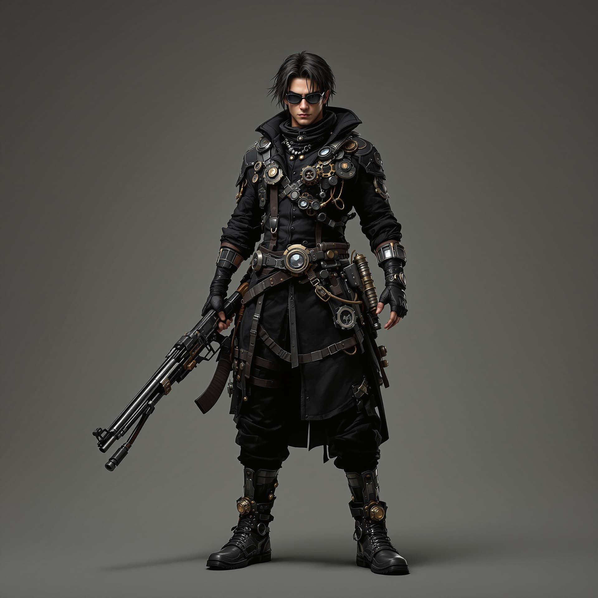 AI generated: a  male young  sharpshooter (full body zoom out, head to toe), inspired by Dante Sparda, good anatom...