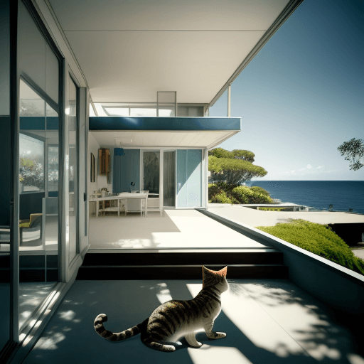 AI generated: hyper realistic eye level exterior photo of a mid century modern style house overlooking the ocean, ...