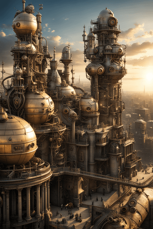 AI generated: Real photo with exceptional golden hour light of  city from Machinarium in Amanita design style ,Gui...