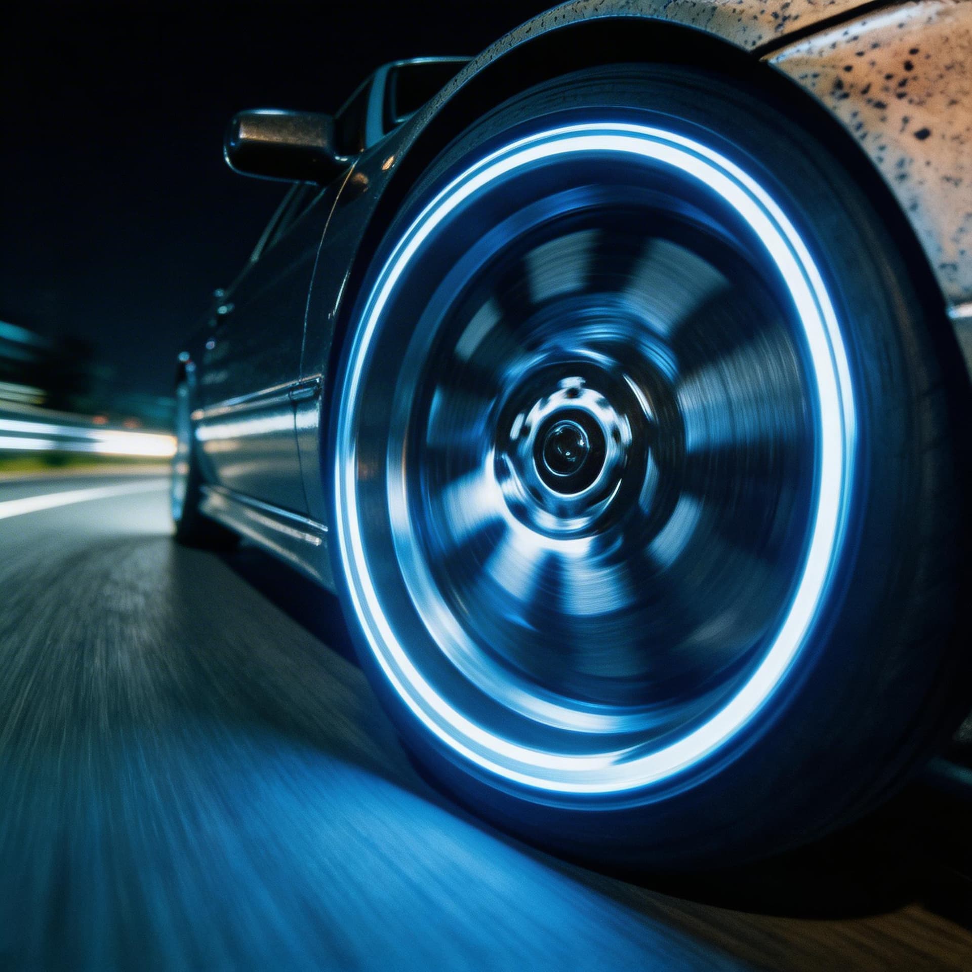 AI generated: extreme close-up of a racing car wheel at maximum speed, brutal motion blur, aggressive composition,...