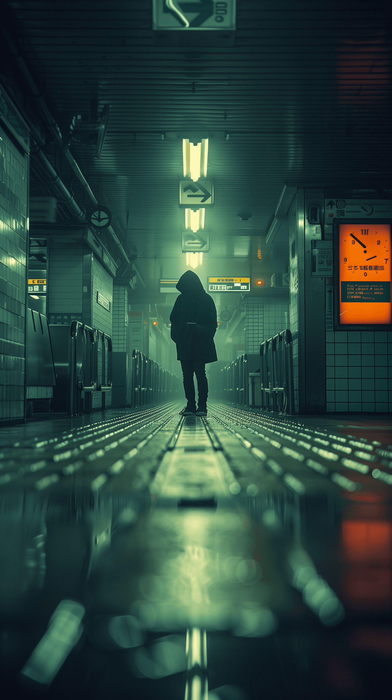 AI generated: create an image of a person standing alone in a subway station, under a single bright fluorescent li...