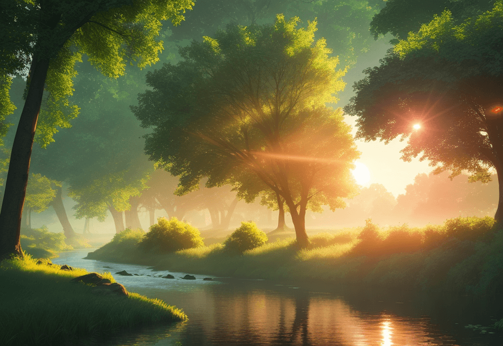 AI generated: Beautiful Sunrise over the river surrounded by green trees, stylized volumetric lighting, 4k beautif...