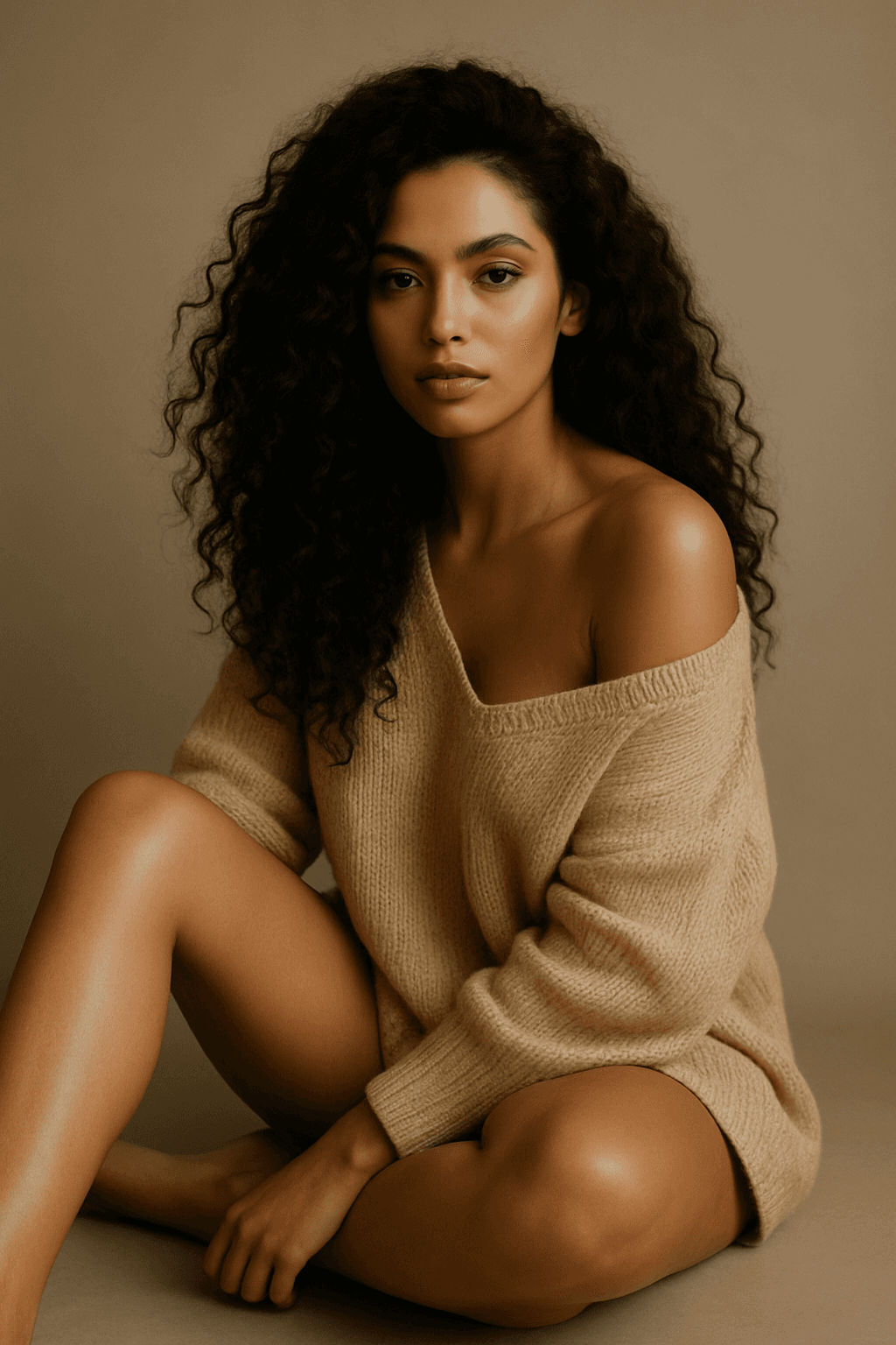 AI generated: A woman with long, curly hair sits elegantly against a soft beige background. She wears a loose-fitt...