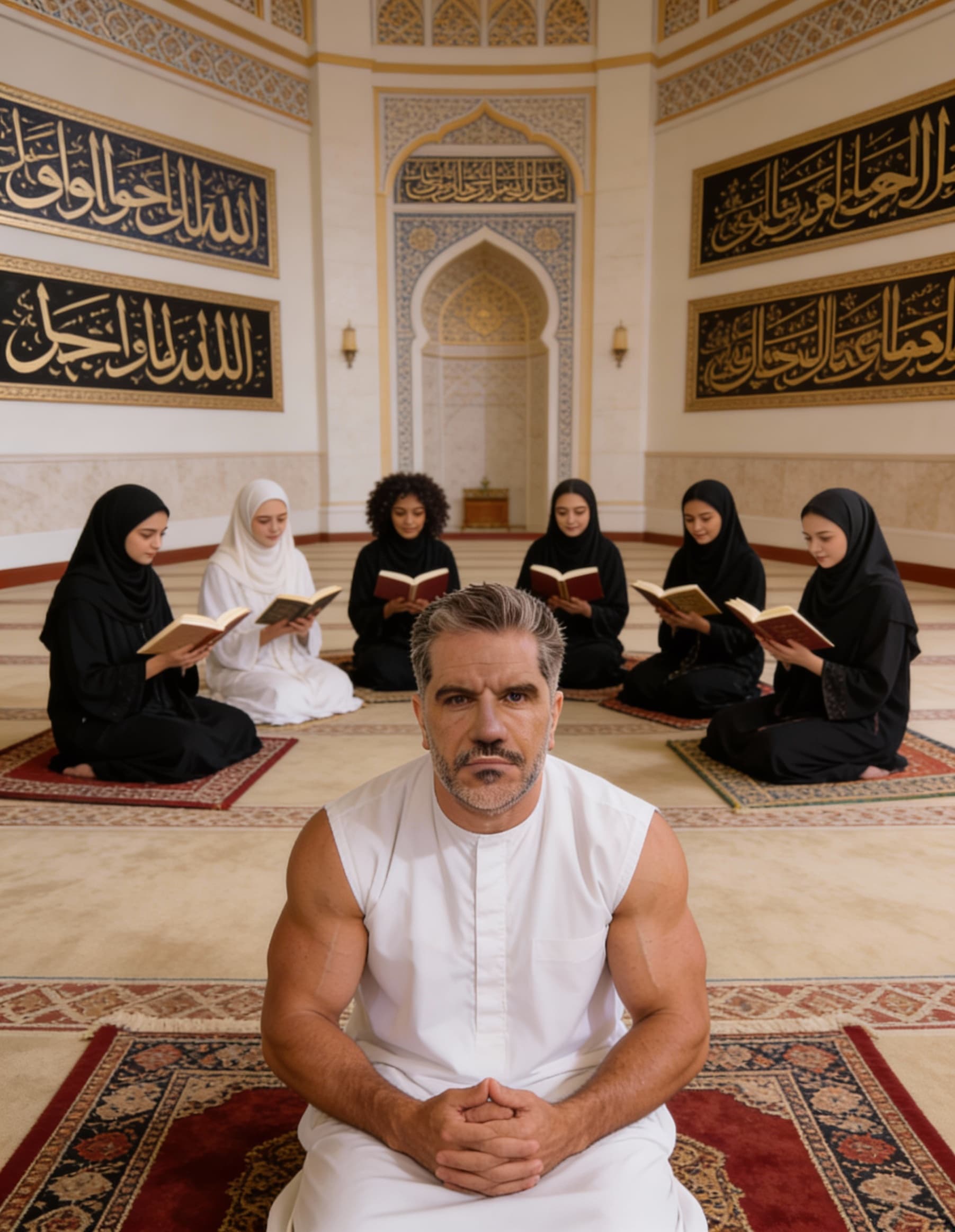 AI generated: تو مسجد دور هم داخل قرآن خوندن 