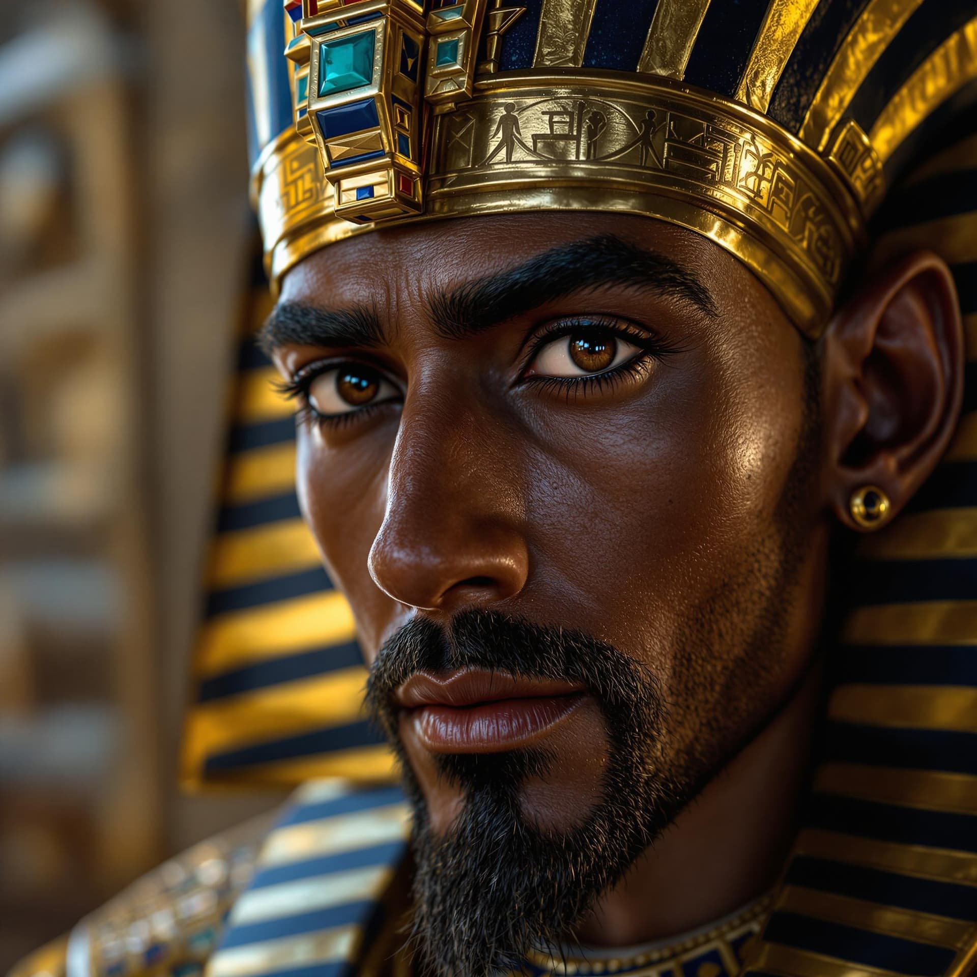 AI generated: A hyper-realistic, ultra-detailed close-up portrait of an ancient Egyptian pharaoh, centered on his ...