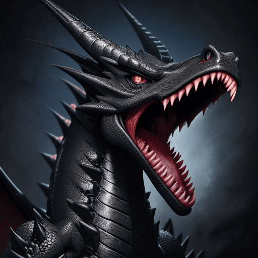 AI generated: a open mouth black dragon, head to neack pointing to the right side, YUZZ word come from his mouth 