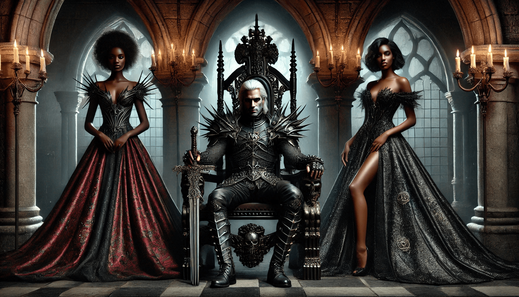 AI generated: A dark and menacing regal scene featuring a majestic Caucasian king sitting on an ornate gothic thro...