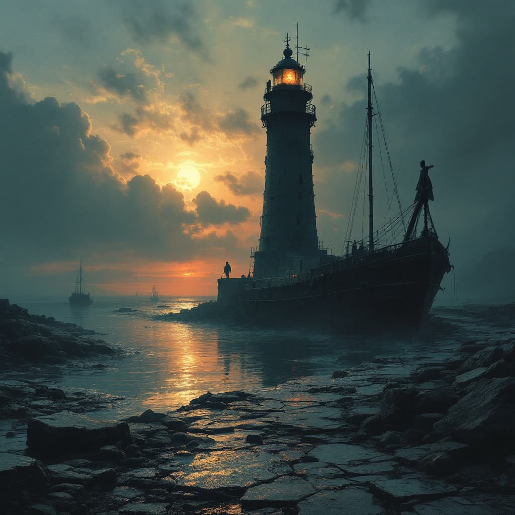 AI generated: old harbour with lighthouse dungeon synth dark atmospheric melancholic before the sunset 
next to li...