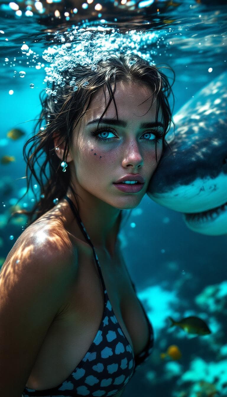 AI generated: Incredibly beautiful Norwegian with blue eyes, long eyelashes, black eyeliner, freckles, messy wet h...