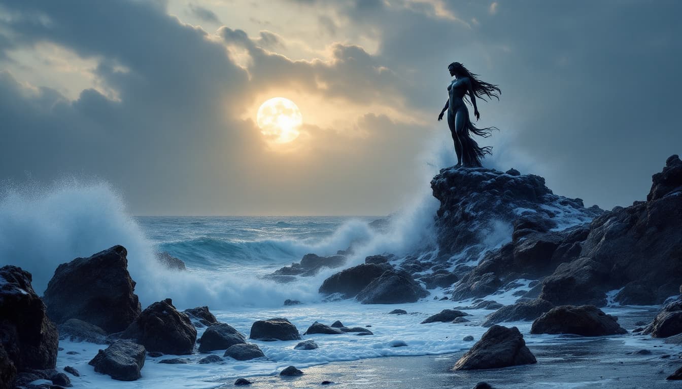AI generated: statua de neptuno cerca de la playa enmedio de una asocura y fuerte tormenta de winter  y grandes ol...
