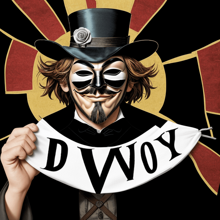 AI generated:  features a person wearing a Guy Fawkes mask, also known as the V for Vendetta mask, and a t-shirt w...