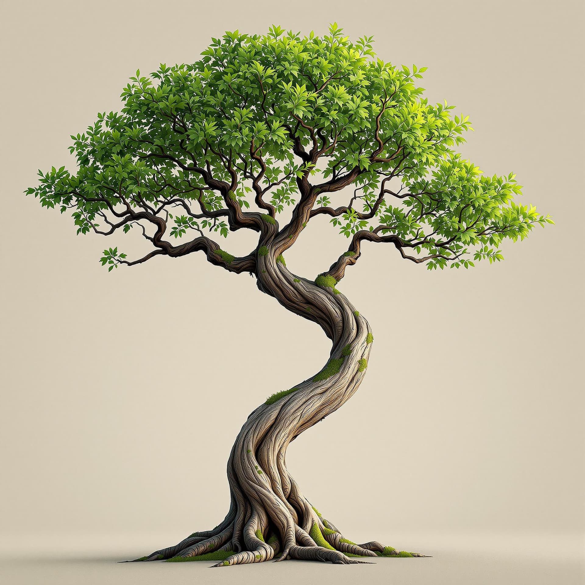 AI generated: The image features a single, intricately detailed tree with a twisted trunk and a lush canopy of gre...