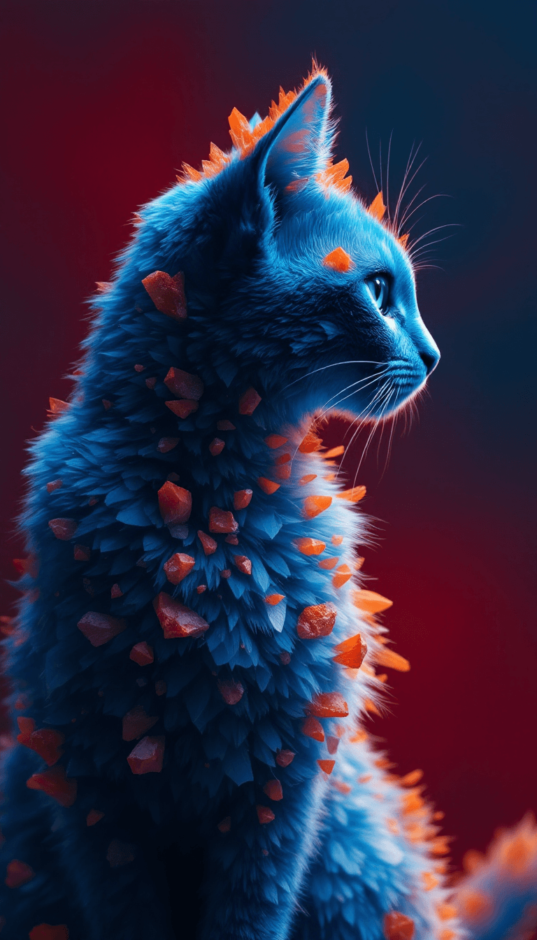 AI generated: A blue tabby made from rough orange crystals, in profile, side view, surrealism, pencils, fashion il...
