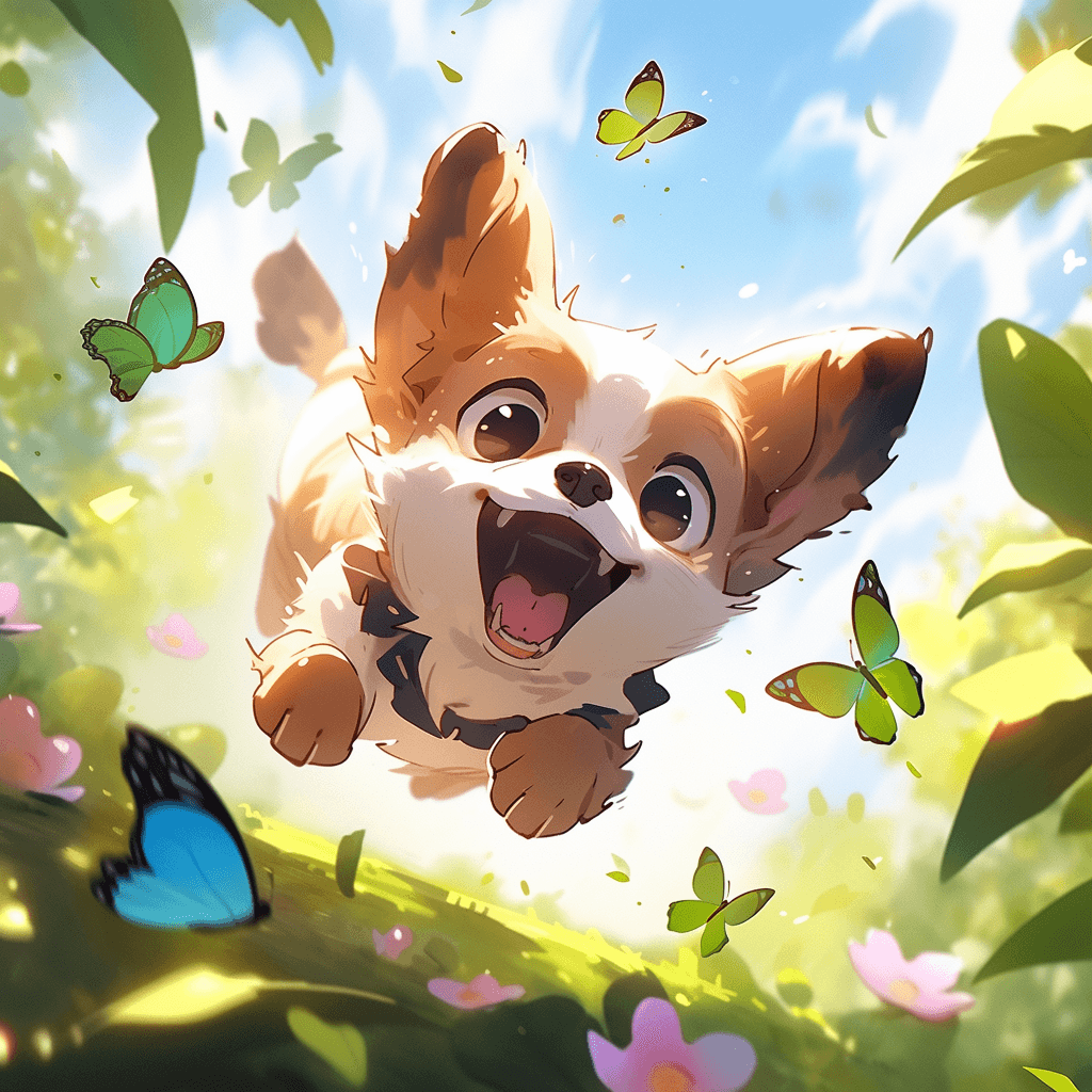 AI generated: A playful puppy, chasing butterflies in a sunny meadow, in the style of Storybook / Children’s Book ...