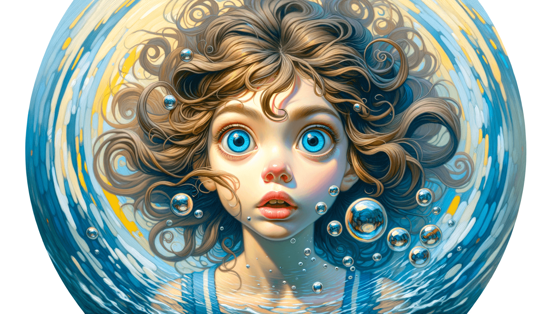 AI generated: fisheye effect circular composition oil painting, central close-up of a girl's face with large eyes ...